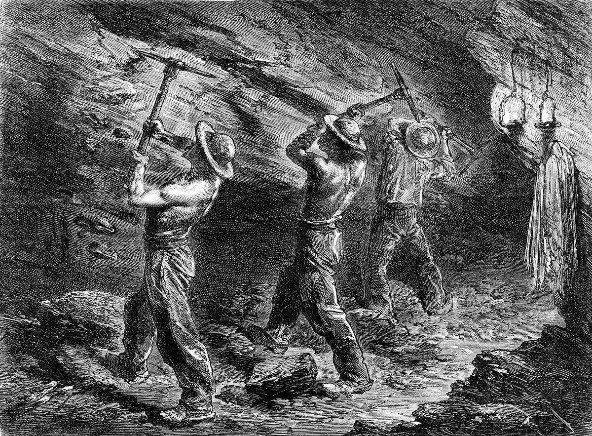 Gravue de 3 hommes dans une mine de charbon