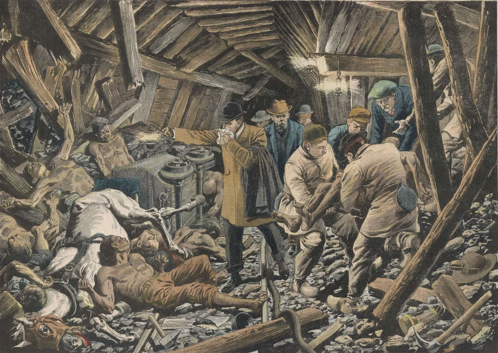 Illustration de mineurs allongés dans une mine en débris et d'hommes portant des corps
