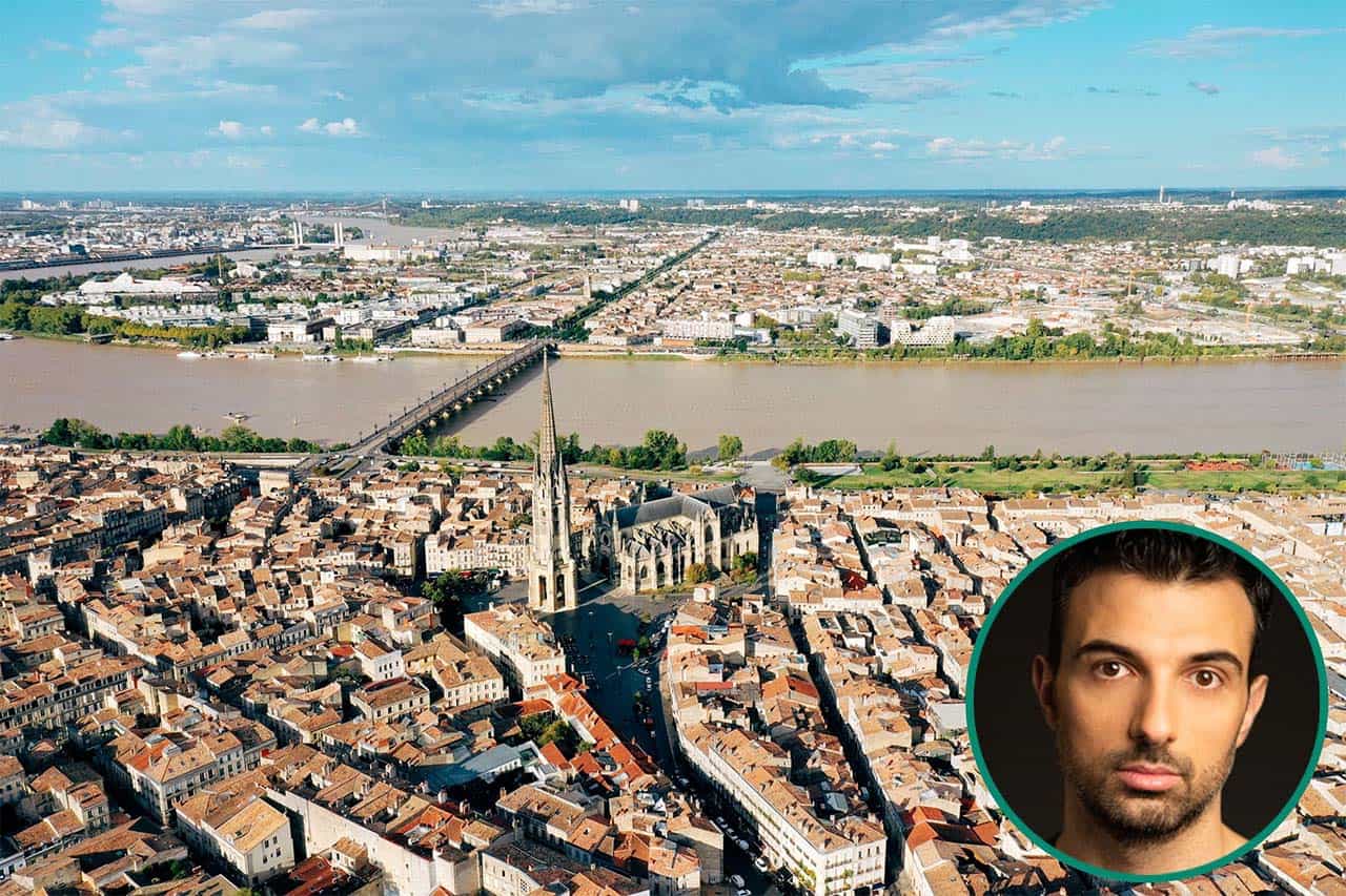 Vue aérienne de la ville de Bordeaux et portrait de Tony Cefai