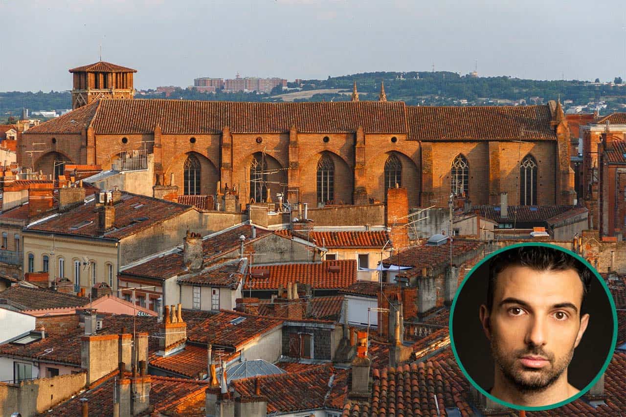 Vue aérienne de la cathédrale de Toulouse et portrait de Tony Cefai