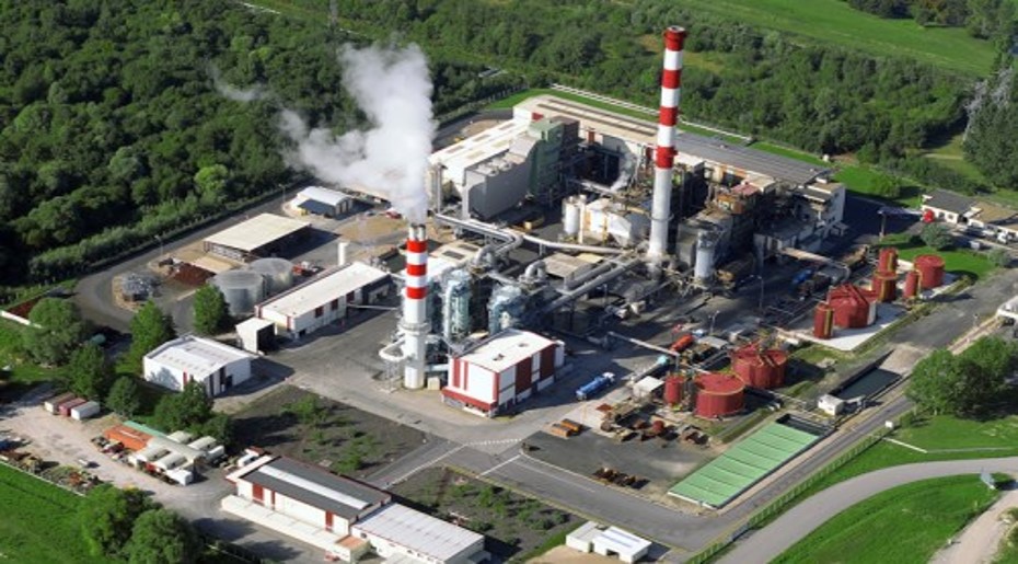 Vue ne plongée d'une usine entourée d'arbres