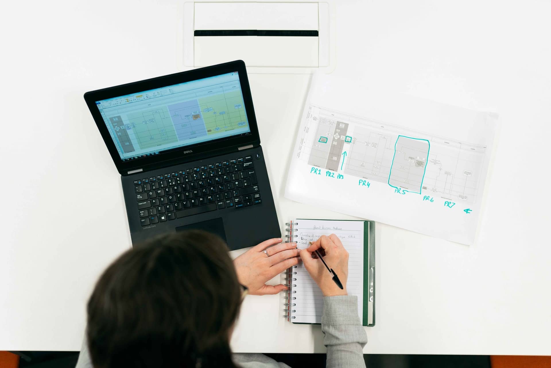 Vue en plongée d'une personne face à un ordinateur portable prenant des notes dans un carnet
