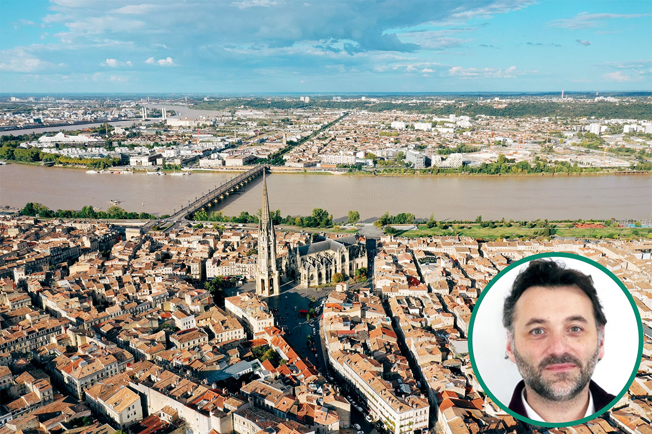 Vue aérienne de la ville de Bordeaux et portrait de Sylvain Panas