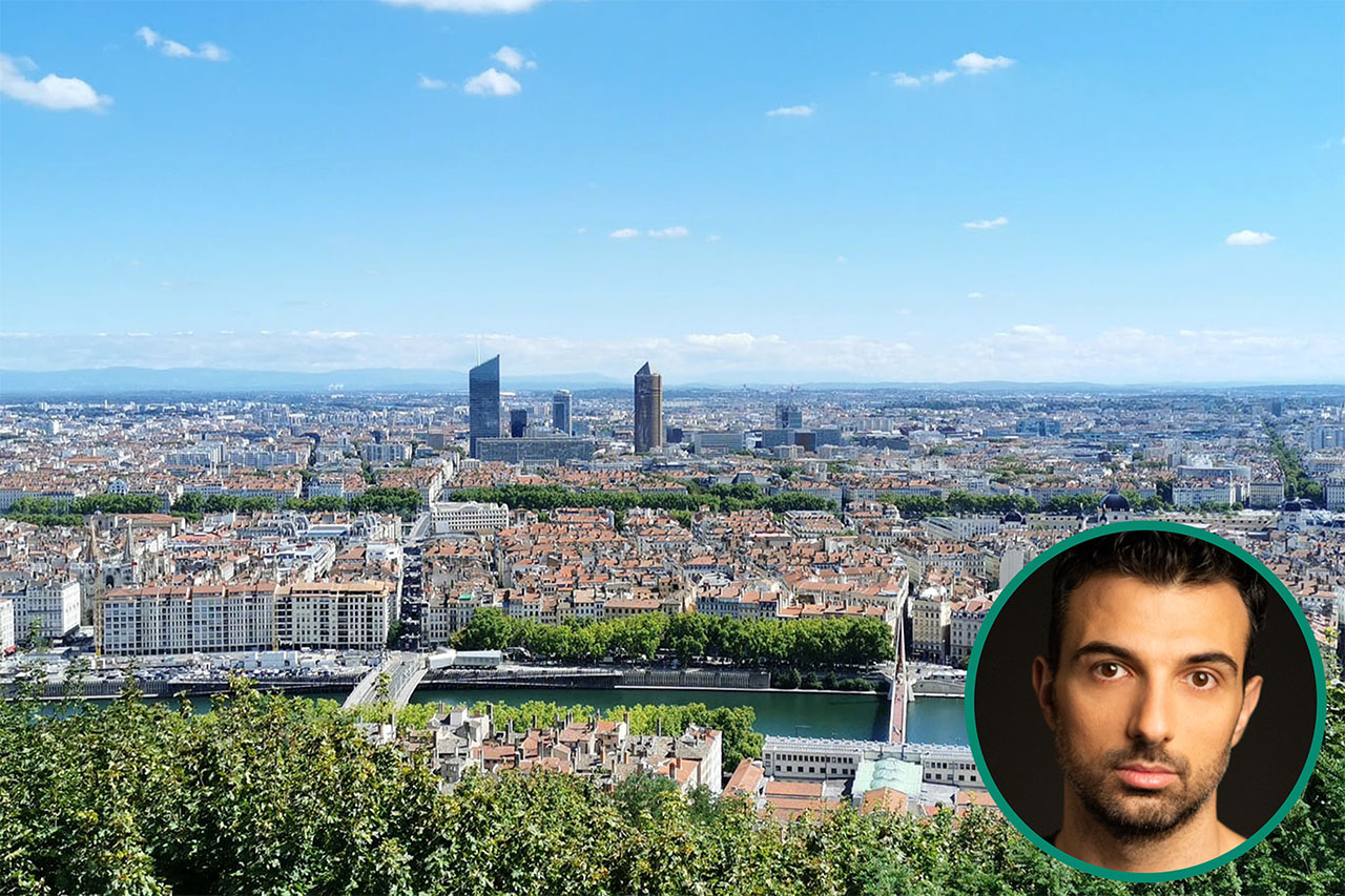 Vue aérienne de la ville de Lyon et portrait de Tony Cefai