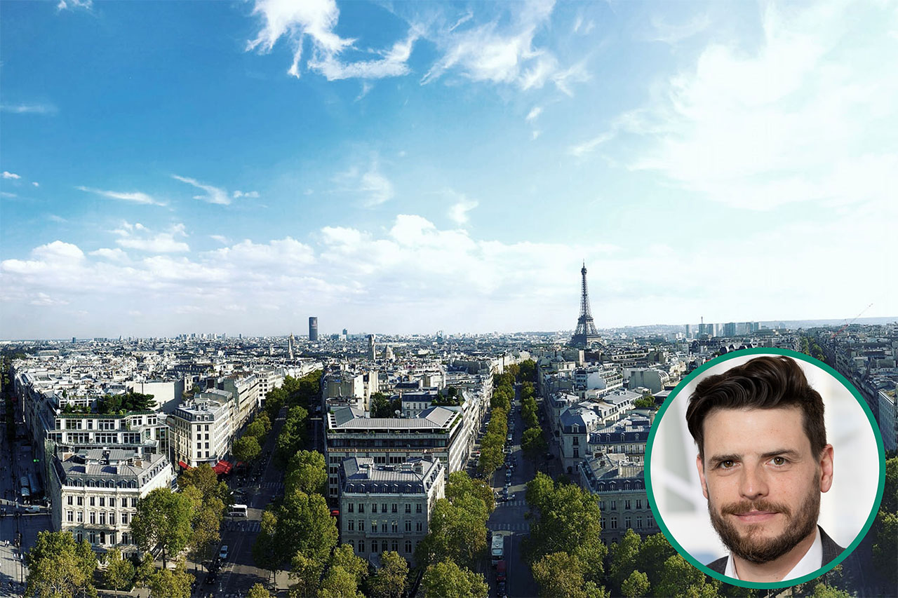 Vue aérienne de la ville de Paris et portrait de Michael Nicolas