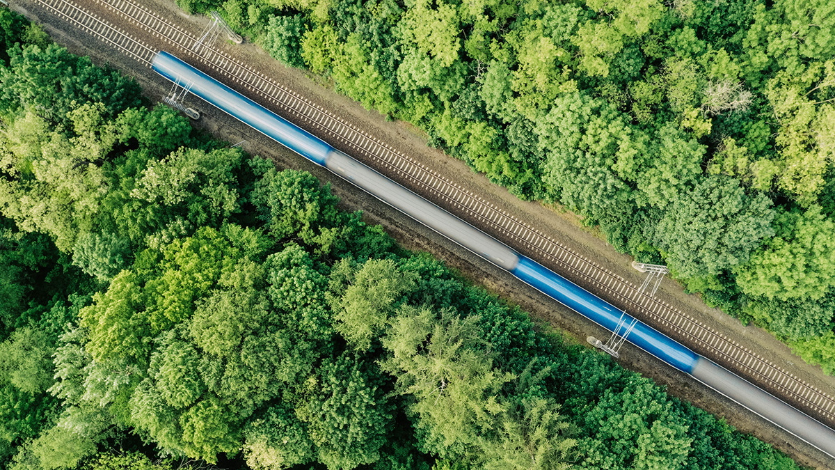 Vue aérienne d'un train circulant sur une voie ferrée au milieu d'un bois